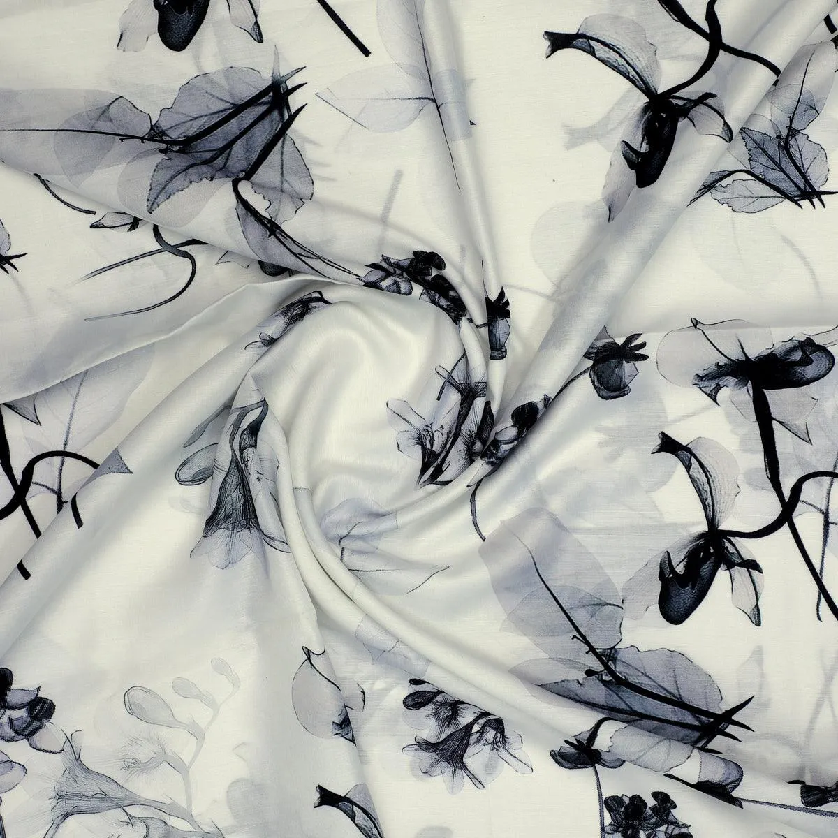 Black Floating Flowers Digital Printed Fabric - Muslin