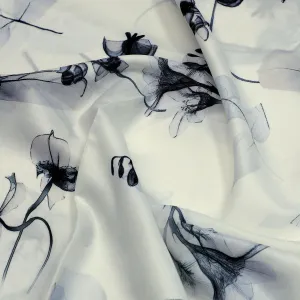 Black Floating Flowers Digital Printed Fabric - Muslin
