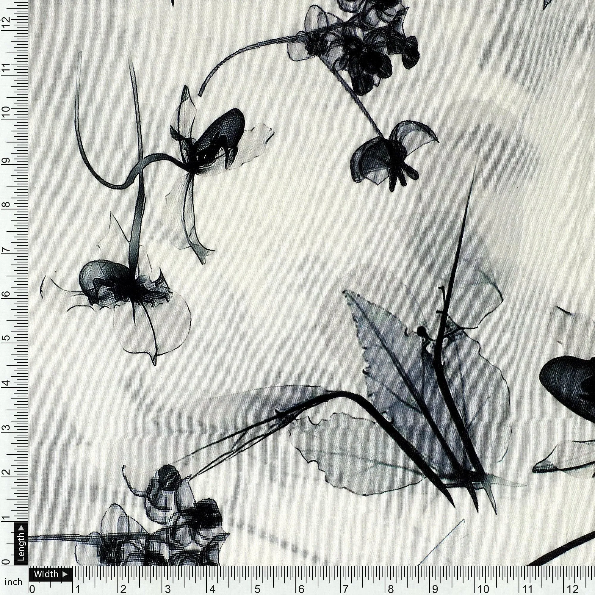 Black Floating Flowers Digital Printed Fabric - Muslin