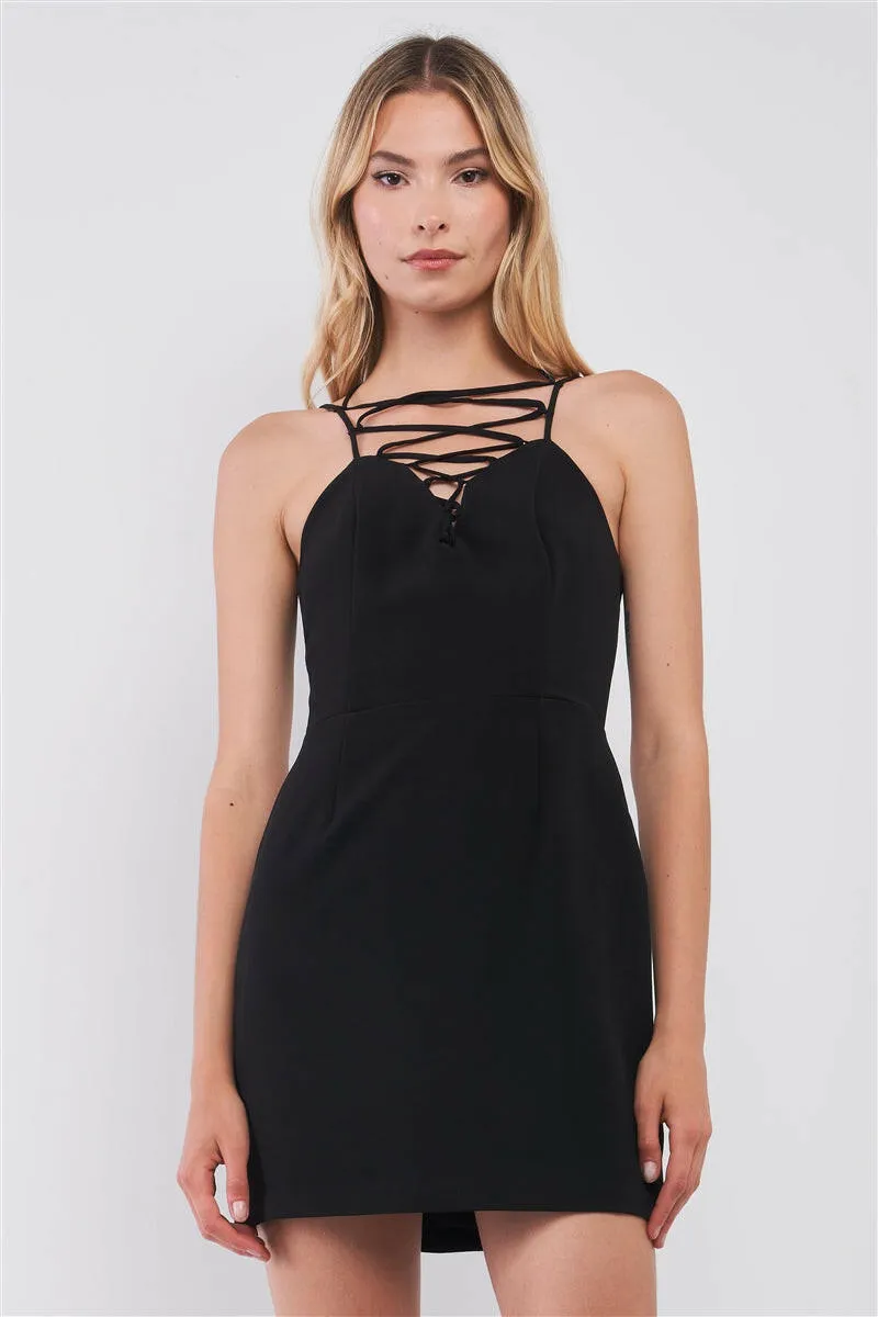Black Slim Fit Sleeveless V-neck Front Corset Inspired Tie-up Detail Cocktail