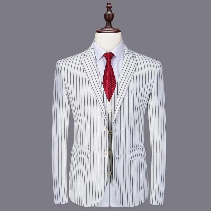 Black White Stripes Men 3 Pieces Men's Suits.