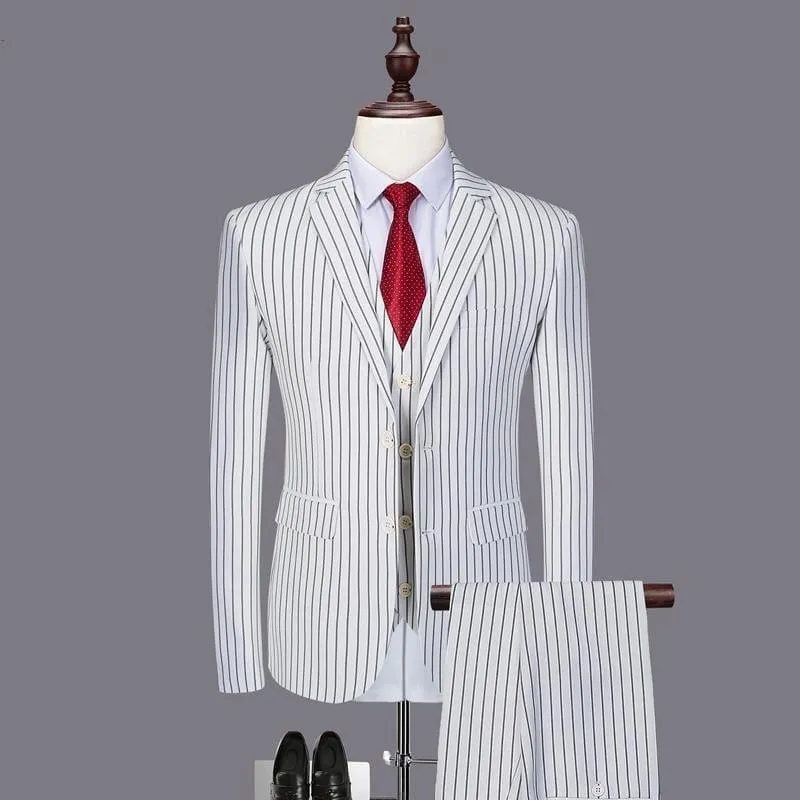 Black White Stripes Men 3 Pieces Men's Suits.