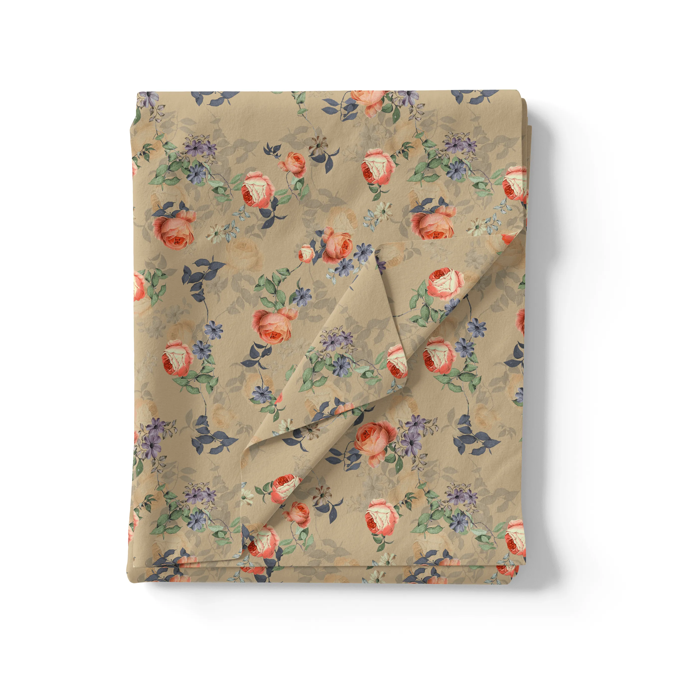 Blooming Orange Roses With Purple Floral Digital Printed Fabric - Japan Satin
