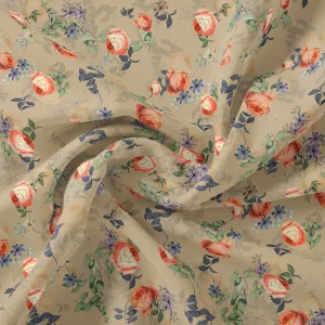 Blooming Orange Roses With Purple Floral Digital Printed Fabric - Japan Satin