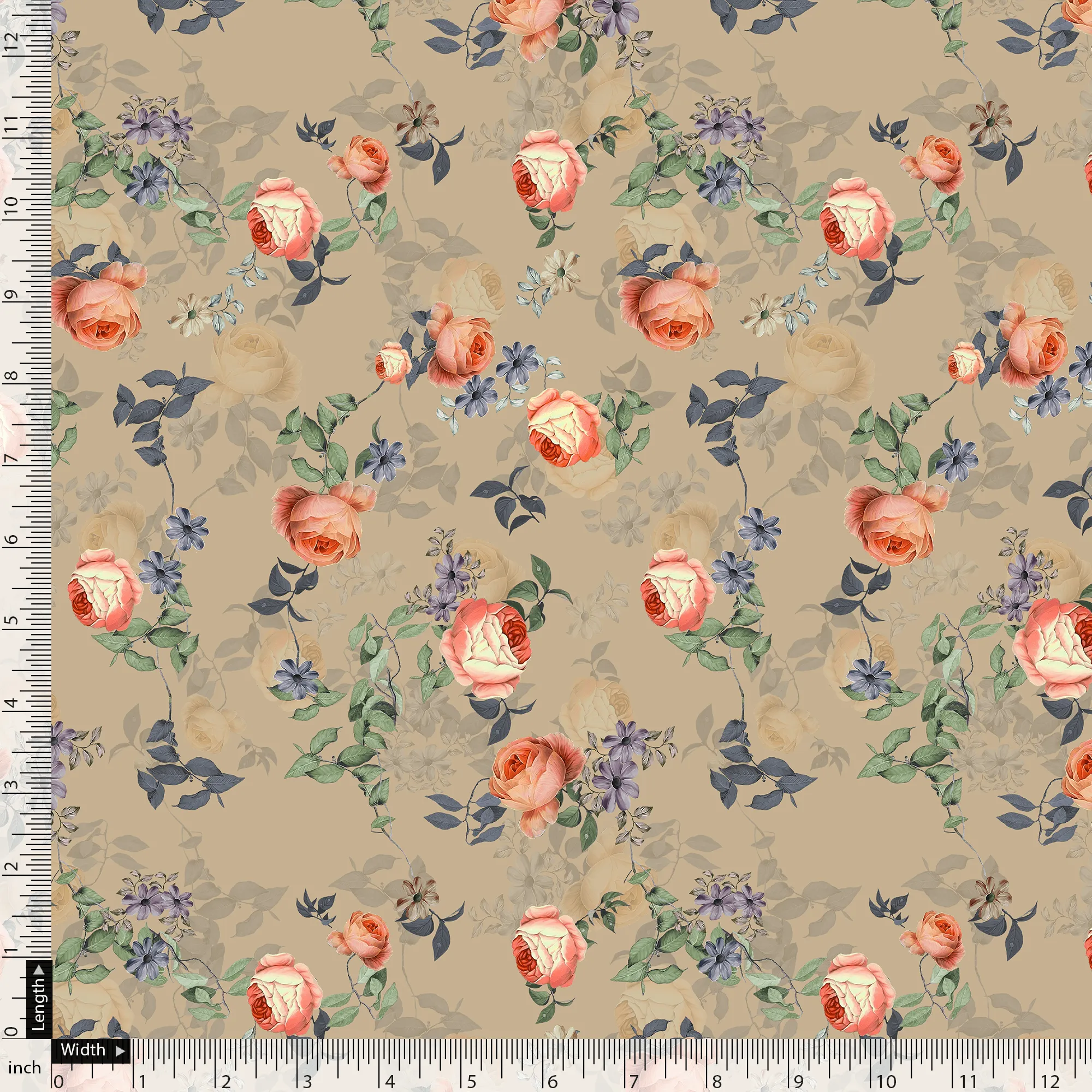 Blooming Orange Roses With Purple Floral Digital Printed Fabric - Japan Satin