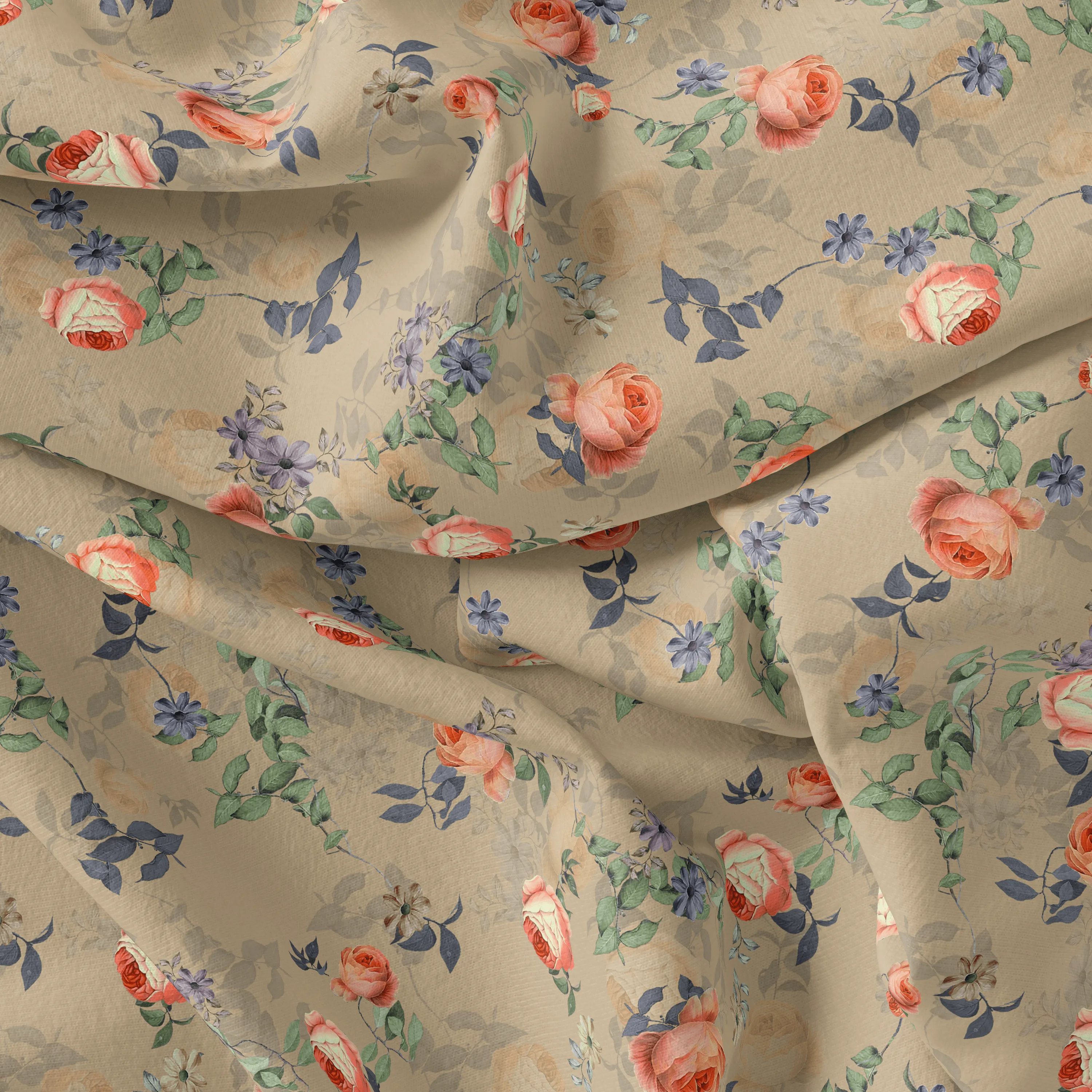 Blooming Orange Roses With Purple Floral Digital Printed Fabric - Japan Satin