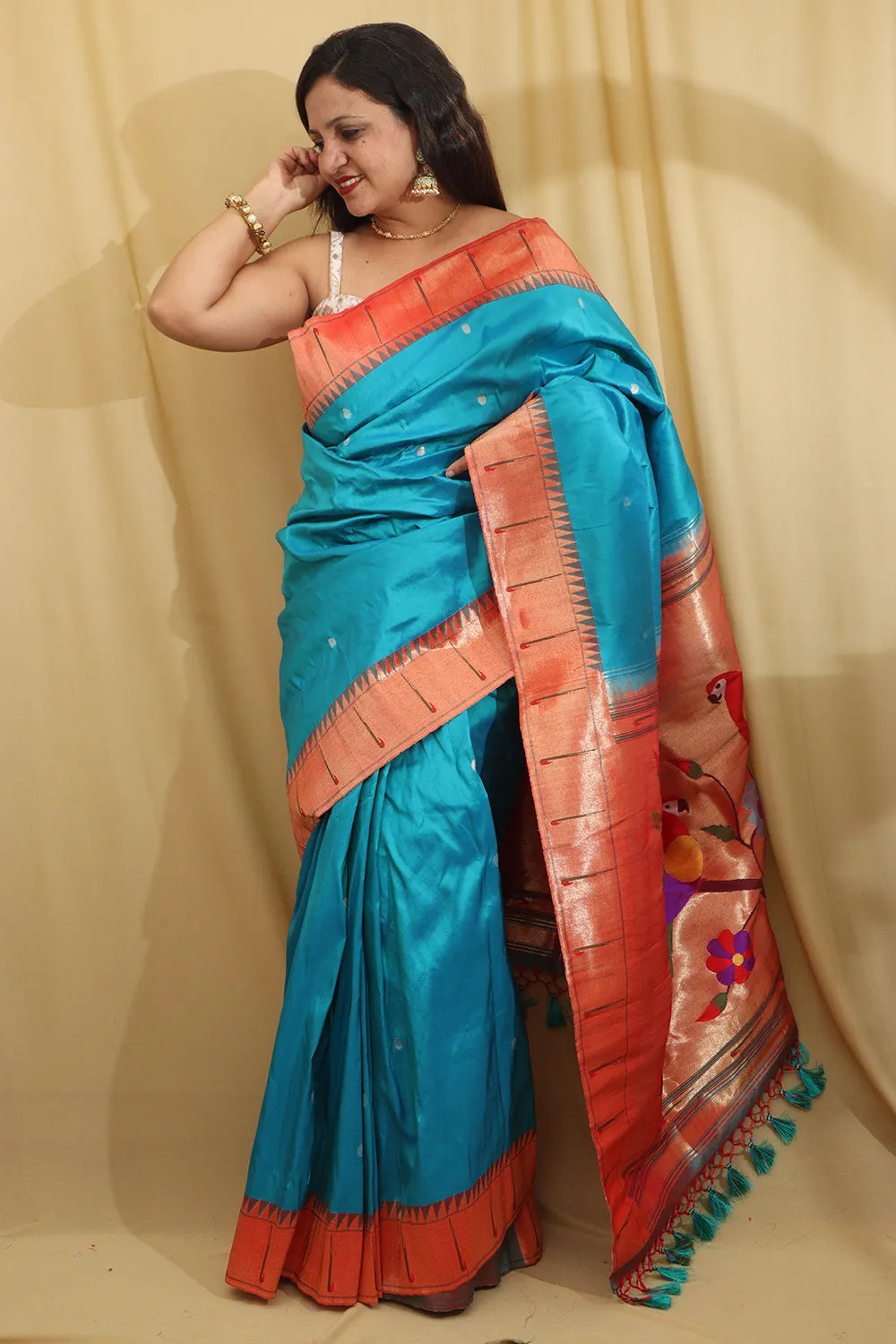 Blue Paithani Silk Saree with Parrot Design Border