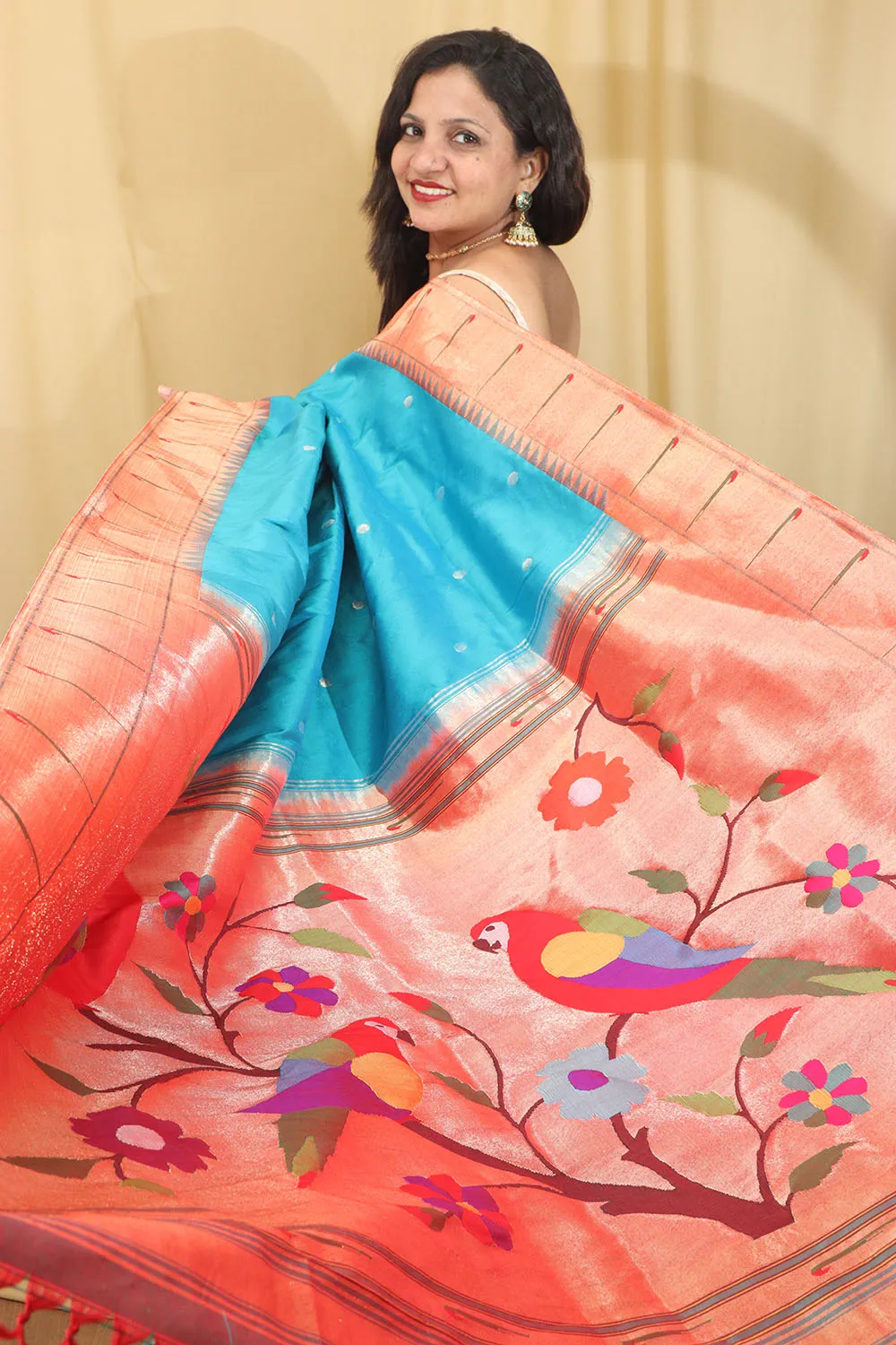 Blue Paithani Silk Saree with Parrot Design Border