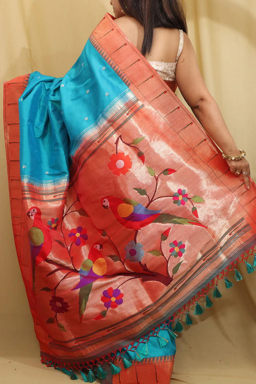 Blue Paithani Silk Saree with Parrot Design Border