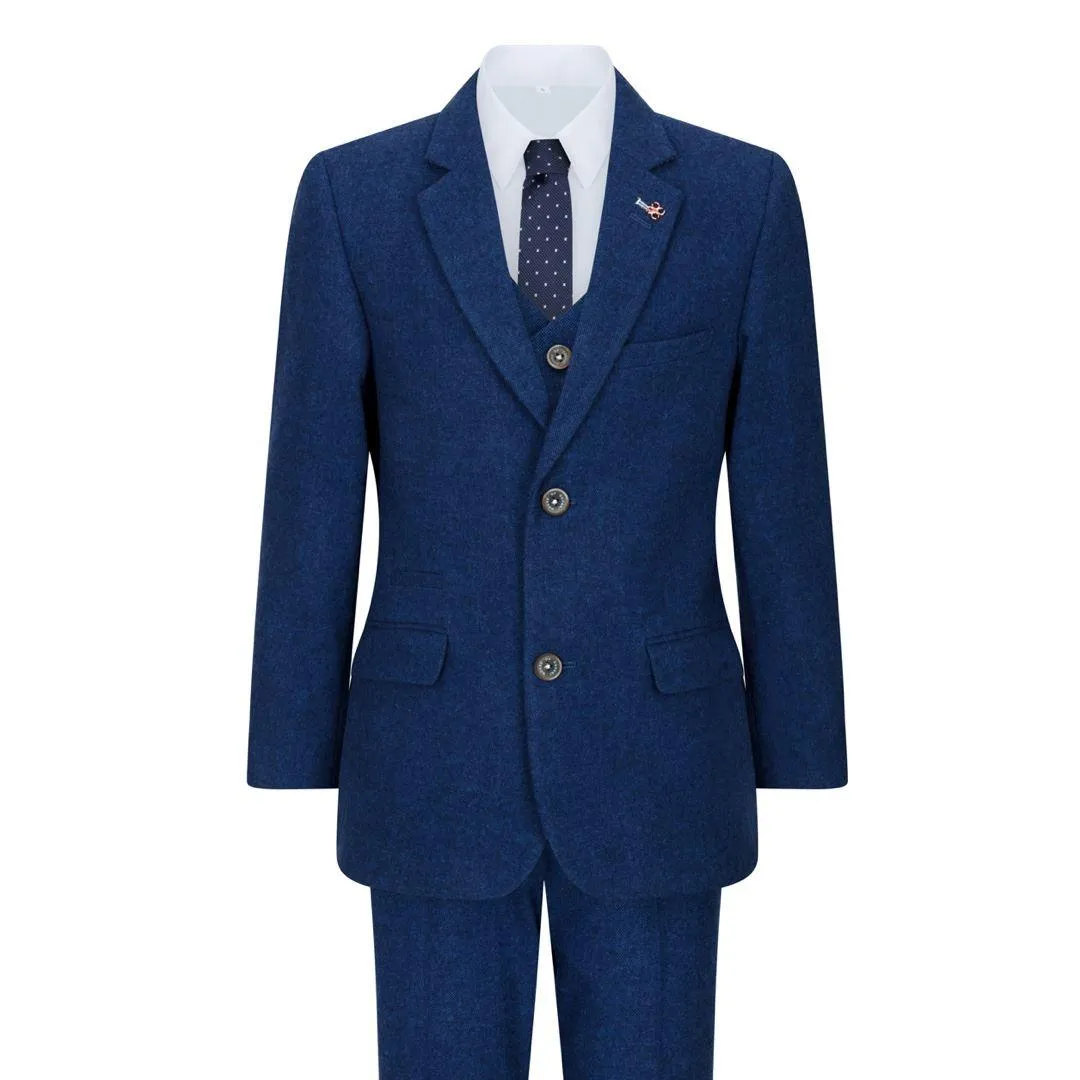 Boys 3 Piece Wool Suit Blue Tweed Vintage 1920s Classic 4 Pocket Waistcoat
