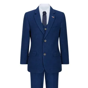 Boys 3 Piece Wool Suit Blue Tweed Vintage 1920s Classic 4 Pocket Waistcoat