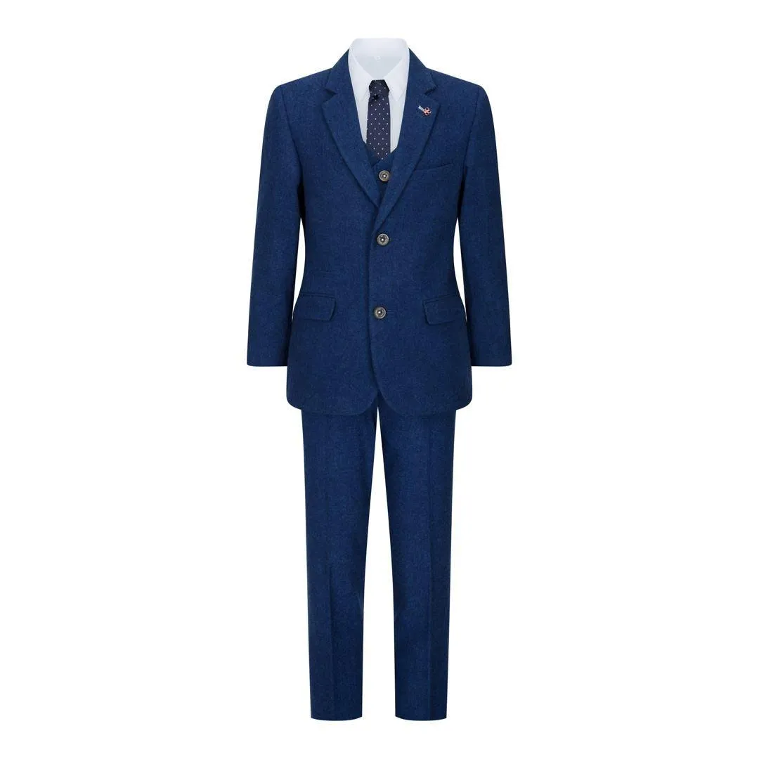 Boys 3 Piece Wool Suit Blue Tweed Vintage 1920s Classic 4 Pocket Waistcoat