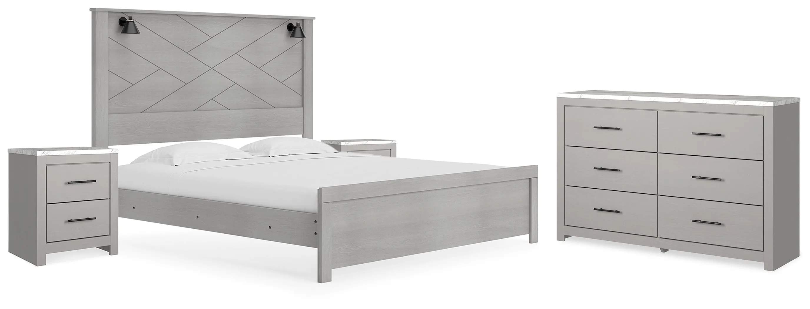 Cottonburg King Panel Bed with Dresser and 2 Nightstands in Light Gray/White