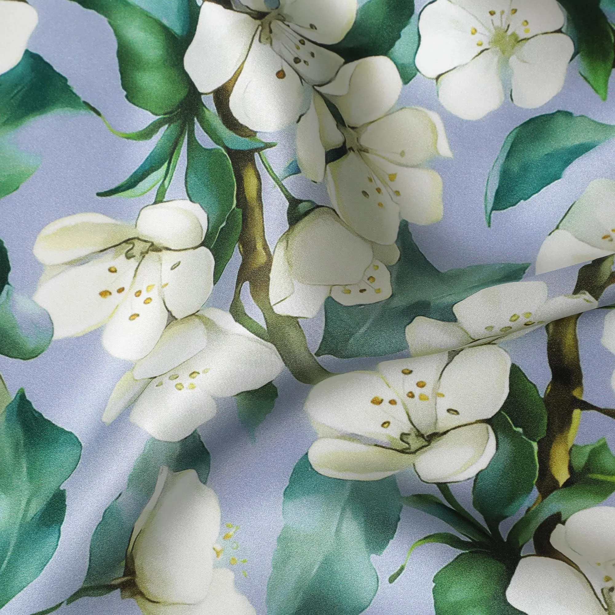 Crisp White Jasmine Pure Silk Satin Fabric - Italian Crafted, Serene Floral Pattern, 140cm Width-D18715