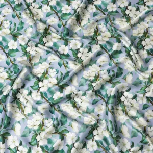 Crisp White Jasmine Pure Silk Satin Fabric - Italian Crafted, Serene Floral Pattern, 140cm Width-D18715