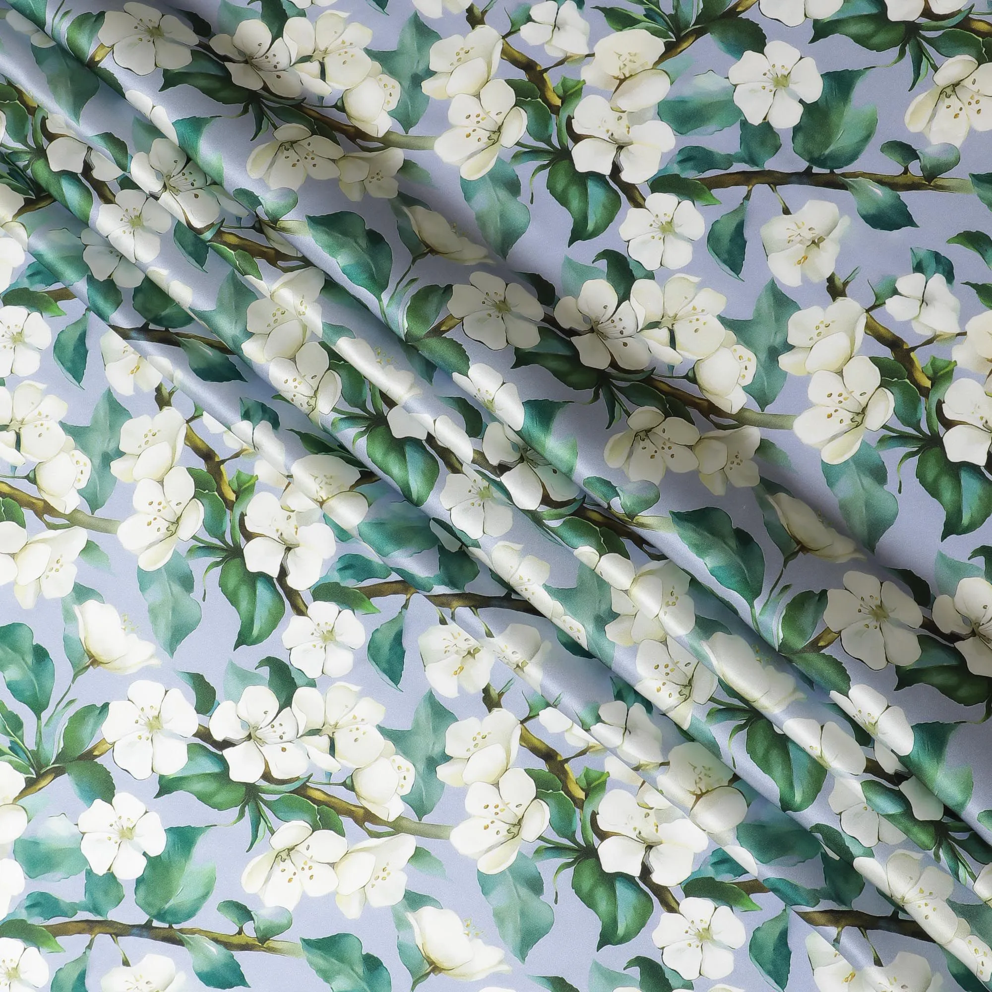 Crisp White Jasmine Pure Silk Satin Fabric - Italian Crafted, Serene Floral Pattern, 140cm Width-D18715