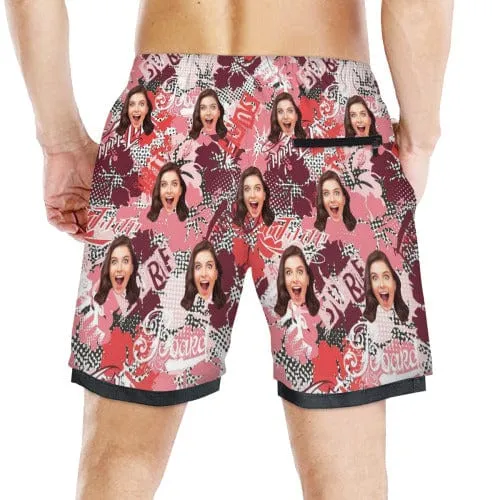 Custom Face 2 in 1 Surfing Shorts Pink Men's Beach Shorts