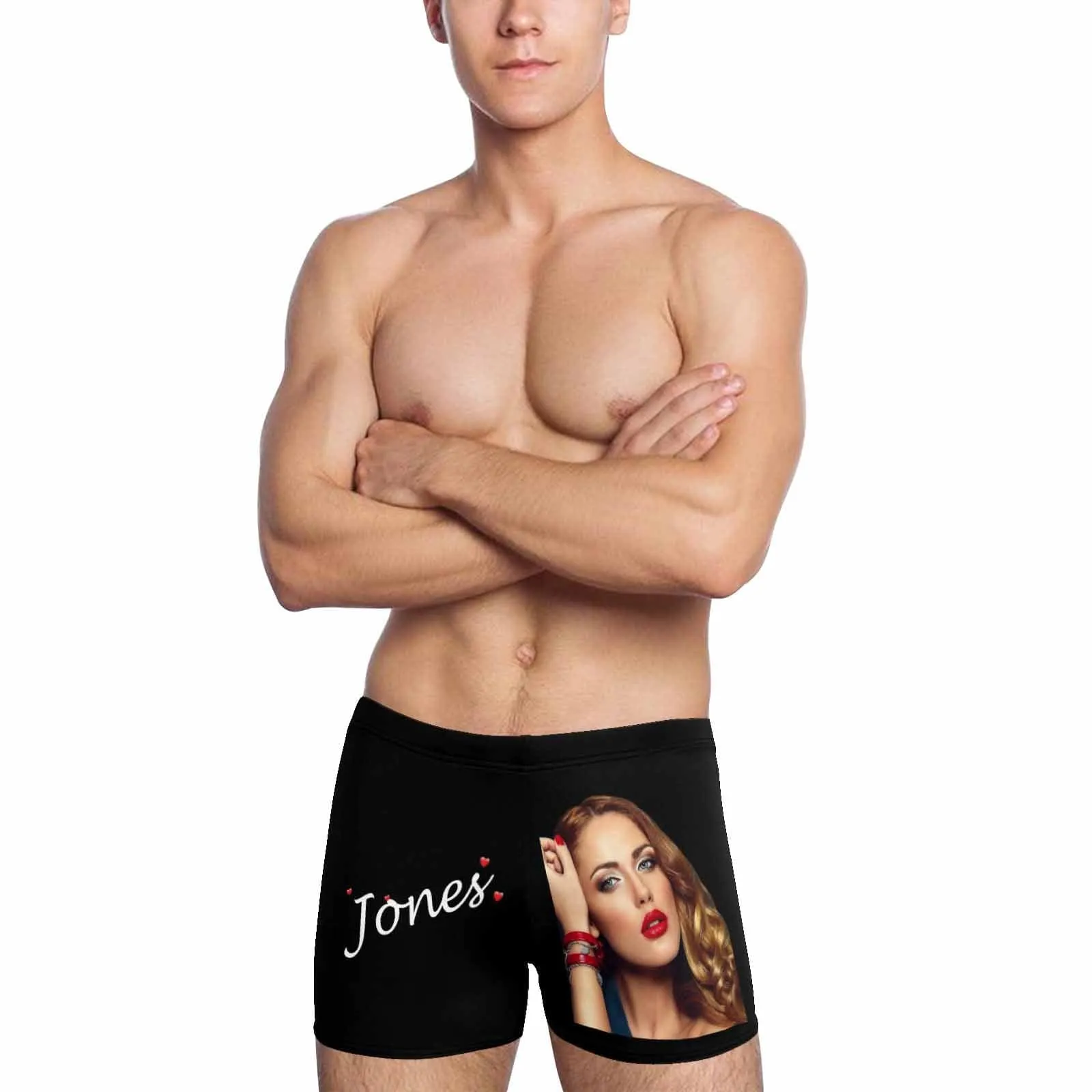 Custom Face & Name Black Men's Athletic Swim Jammers Quick Dry Waterproof Compression Square Leg Swim Briefs Swimsuit