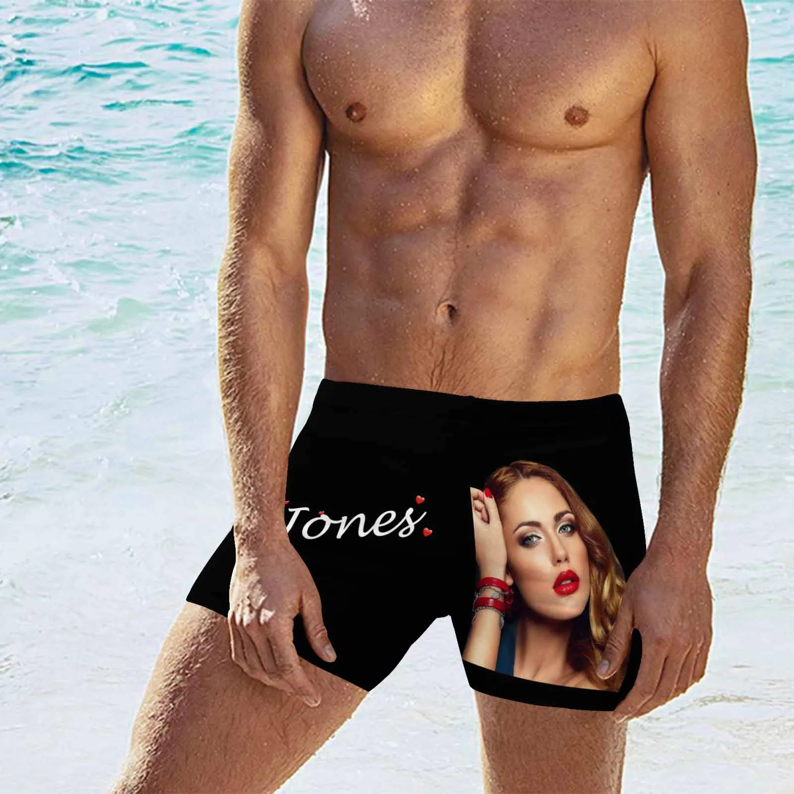 Custom Face & Name Black Men's Athletic Swim Jammers Quick Dry Waterproof Compression Square Leg Swim Briefs Swimsuit