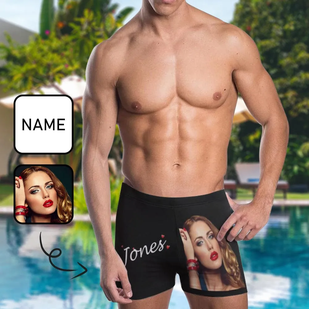Custom Face & Name Black Men's Athletic Swim Jammers Quick Dry Waterproof Compression Square Leg Swim Briefs Swimsuit