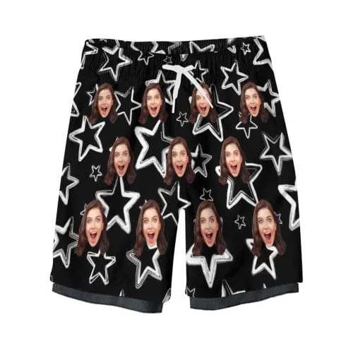Custom Face Black Star Men's Quick Dry 2 in 1 Surfing & Beach Shorts Male Gym Fitness Shorts
