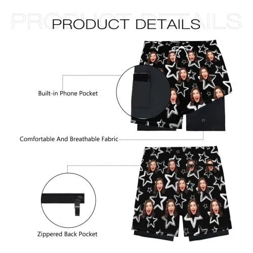Custom Face Black Star Men's Quick Dry 2 in 1 Surfing & Beach Shorts Male Gym Fitness Shorts