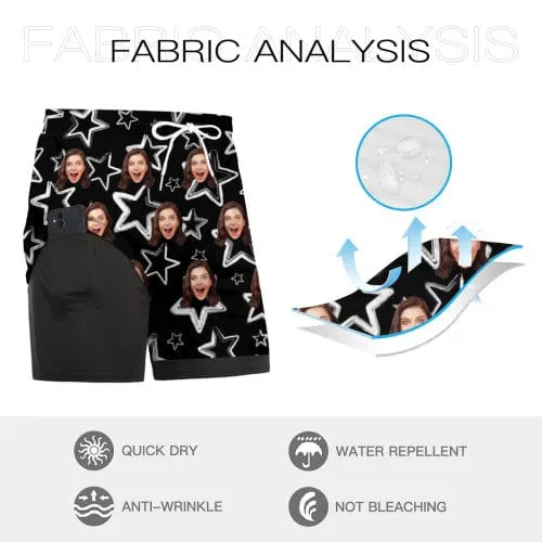 Custom Face Black Star Men's Quick Dry 2 in 1 Surfing & Beach Shorts Male Gym Fitness Shorts