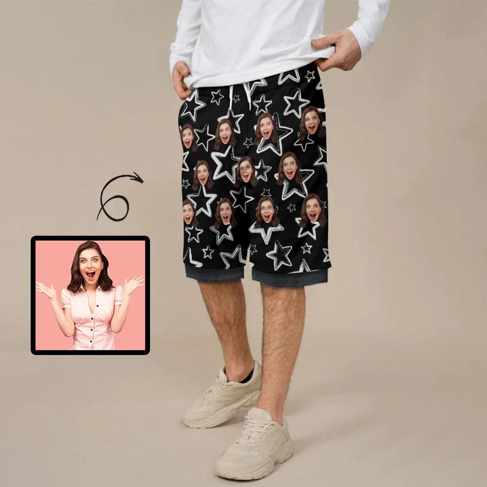 Custom Face Black Star Men's Quick Dry 2 in 1 Surfing & Beach Shorts Male Gym Fitness Shorts