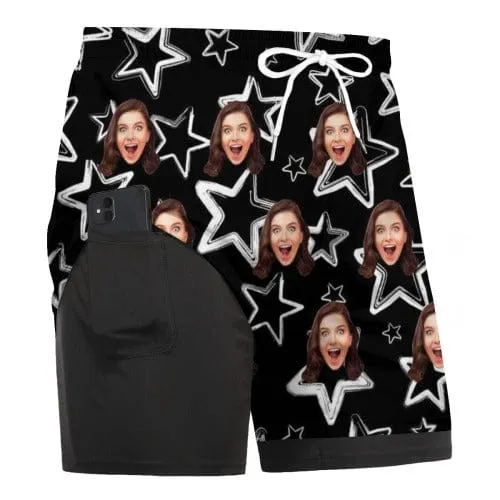 Custom Face Black Star Men's Quick Dry 2 in 1 Surfing & Beach Shorts Male Gym Fitness Shorts