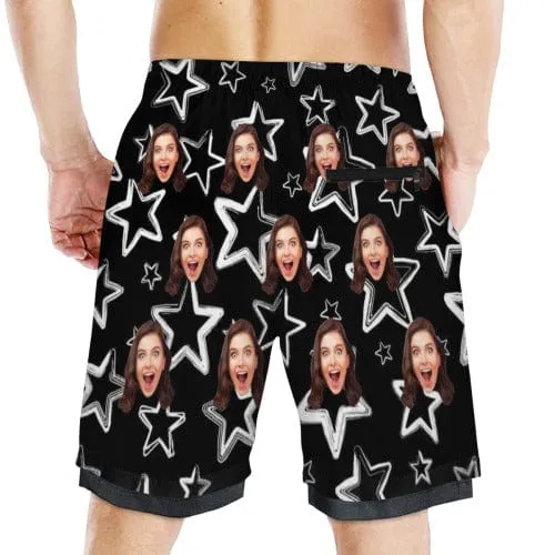 Custom Face Black Star Men's Quick Dry 2 in 1 Surfing & Beach Shorts Male Gym Fitness Shorts