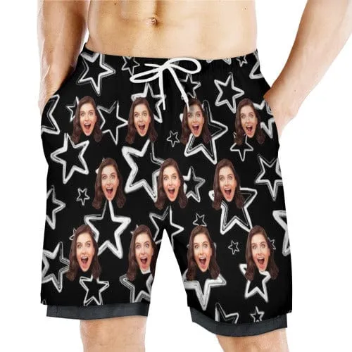 Custom Face Black Star Men's Quick Dry 2 in 1 Surfing & Beach Shorts Male Gym Fitness Shorts