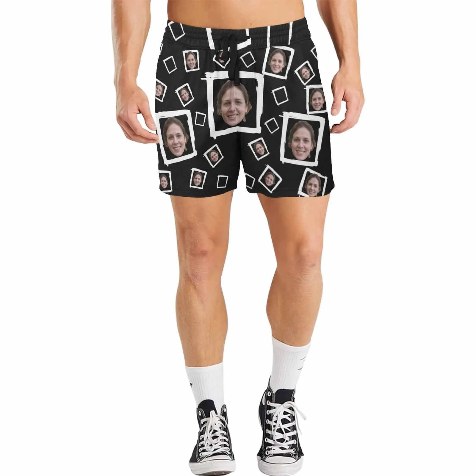 Custom Face Drawstring Swim Trunks with Face & Logo Square Creative Men's Quick Dry Swim Shorts