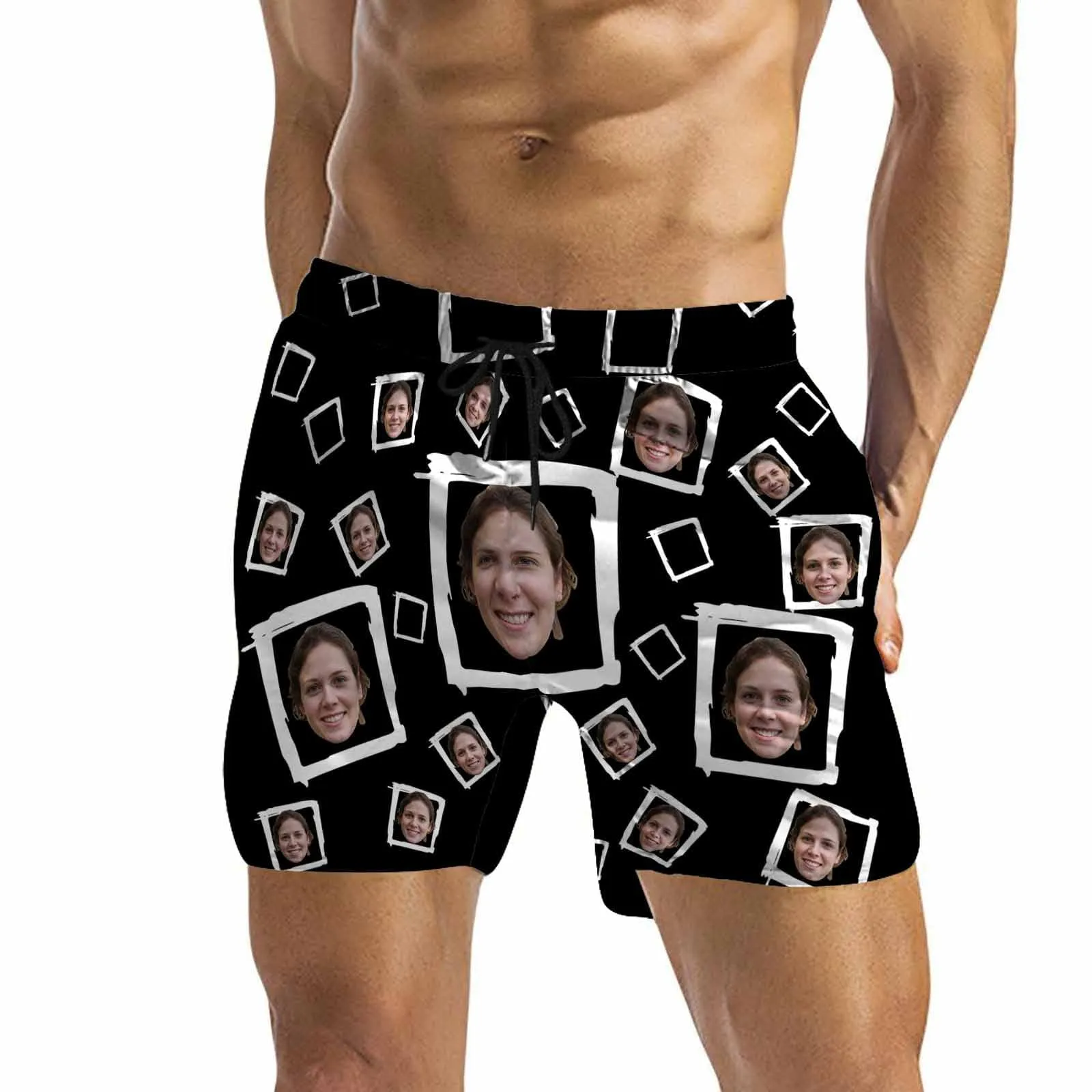 Custom Face Drawstring Swim Trunks with Face & Logo Square Creative Men's Quick Dry Swim Shorts