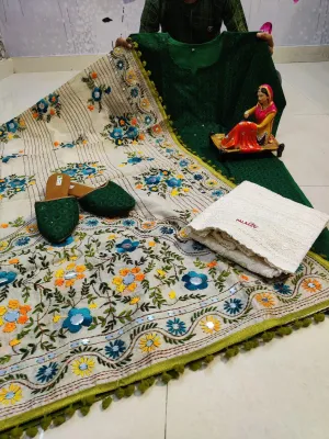 Design-3 Green Pure Cotton Phulkari Suit with Beautiful Handmade Mirror Work Shopping Online