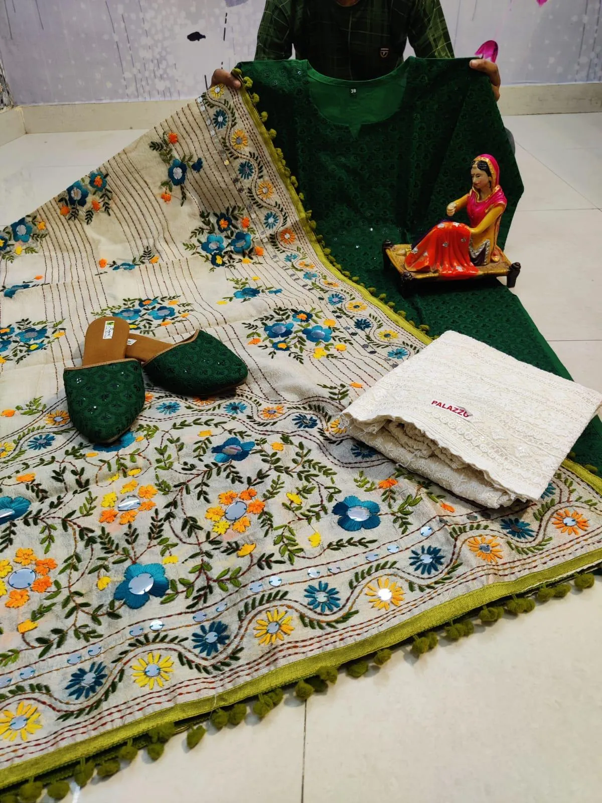 Design-3 Green Pure Cotton Phulkari Suit with Beautiful Handmade Mirror Work Shopping Online