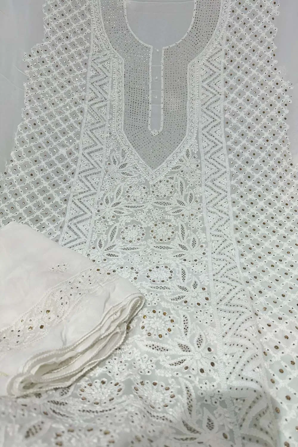 Elegant Hand Embroidered Georgette Unstitched  Suit: Dazzling Dyeable Chikankari Mukaish Work