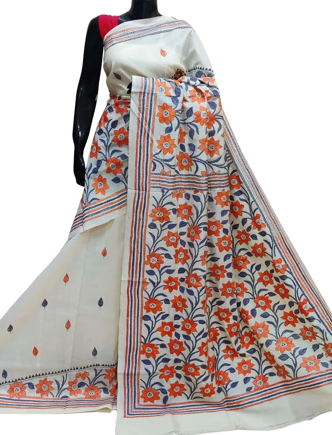 Elegant Off White Kantha Work Tussar Silk Saree
