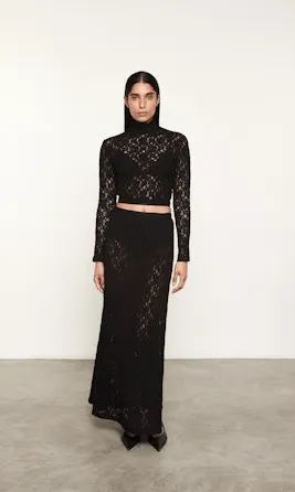 Enza Costa Lace Cropped Mockneck Top in Black