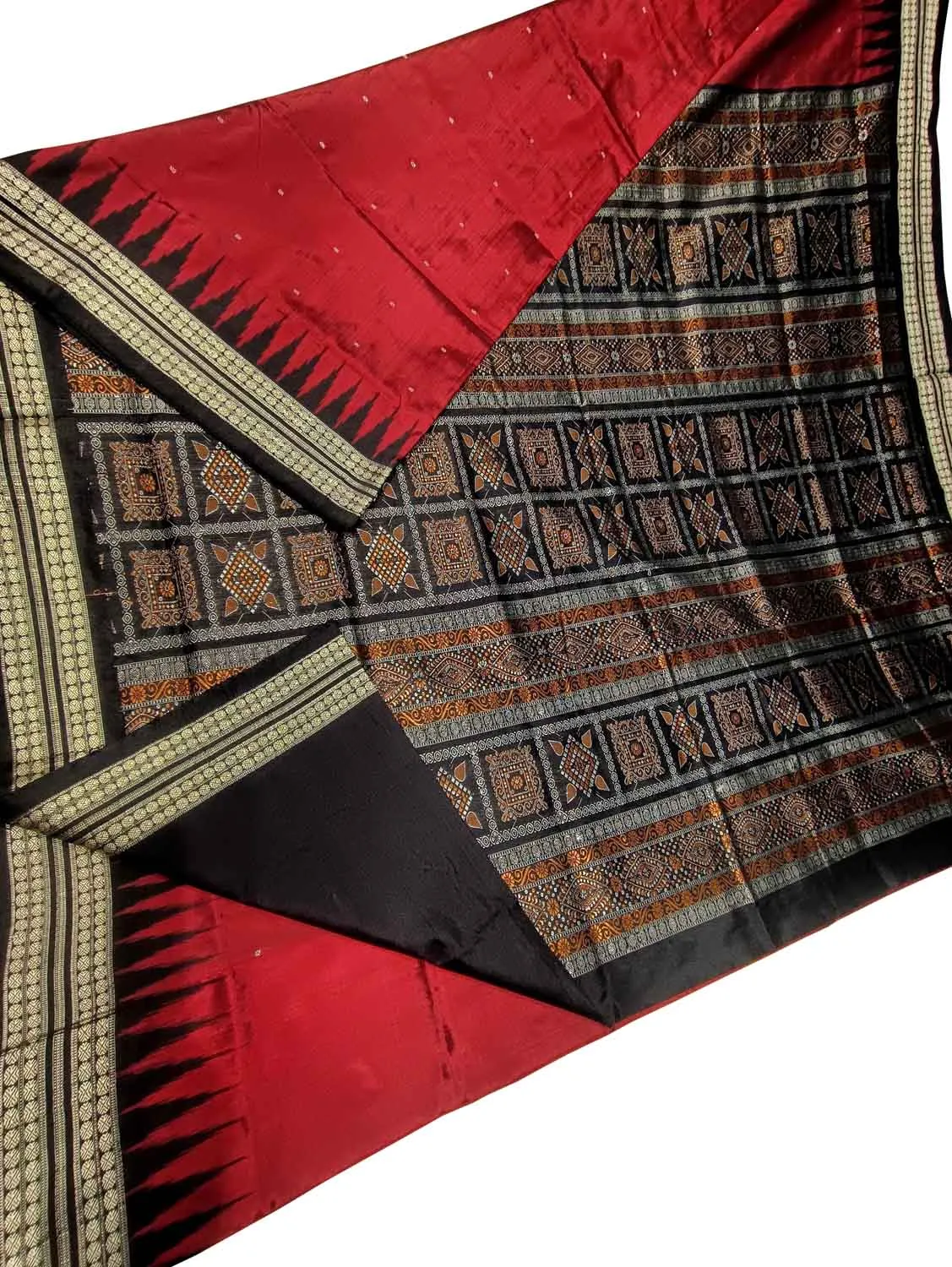 Exquisite Red Handloom Sambalpuri Double Ikat Weaved Body Bomkai Silk Saree