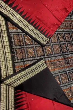 Exquisite Red Handloom Sambalpuri Double Ikat Weaved Body Bomkai Silk Saree