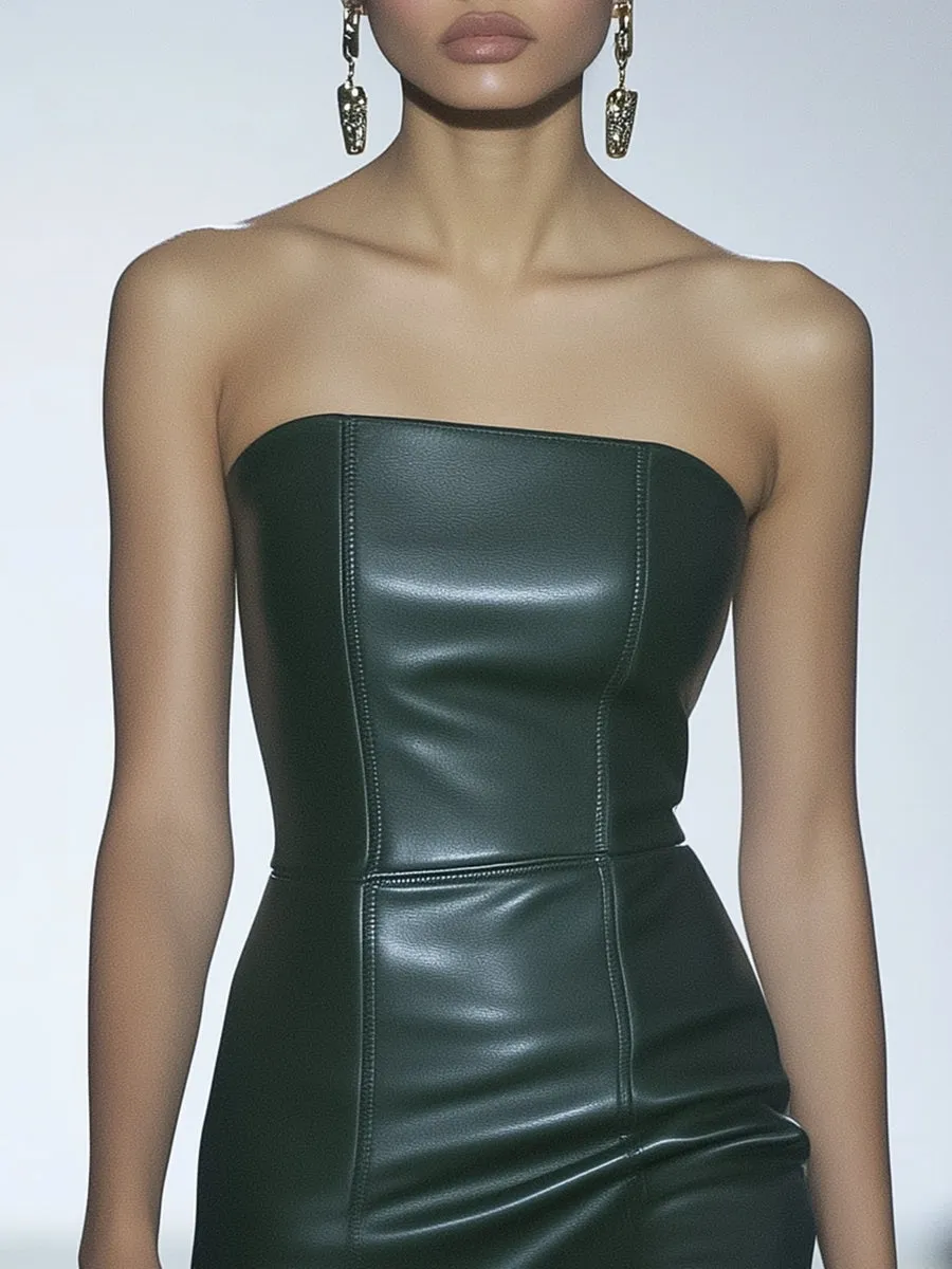 Fashionable Charming Green Tube-top Leather Mini Dress