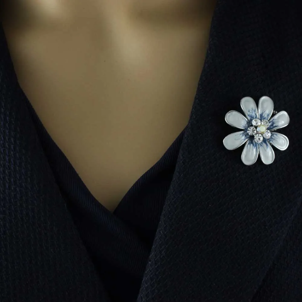 Gray and Blue Enamel Daisy with Crystals Flower Brooch Pin - PRL909