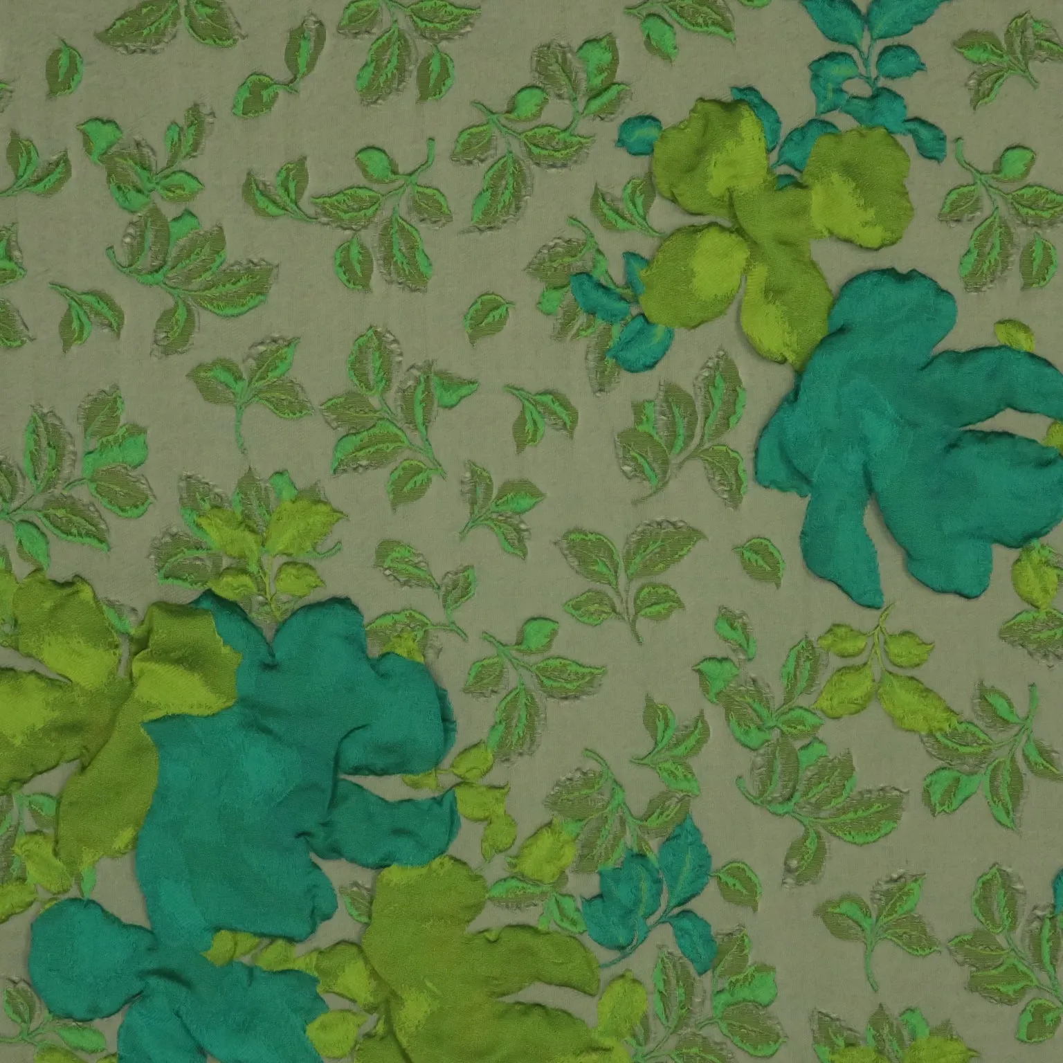 Green Floral on Gray Background Brocade Fabric