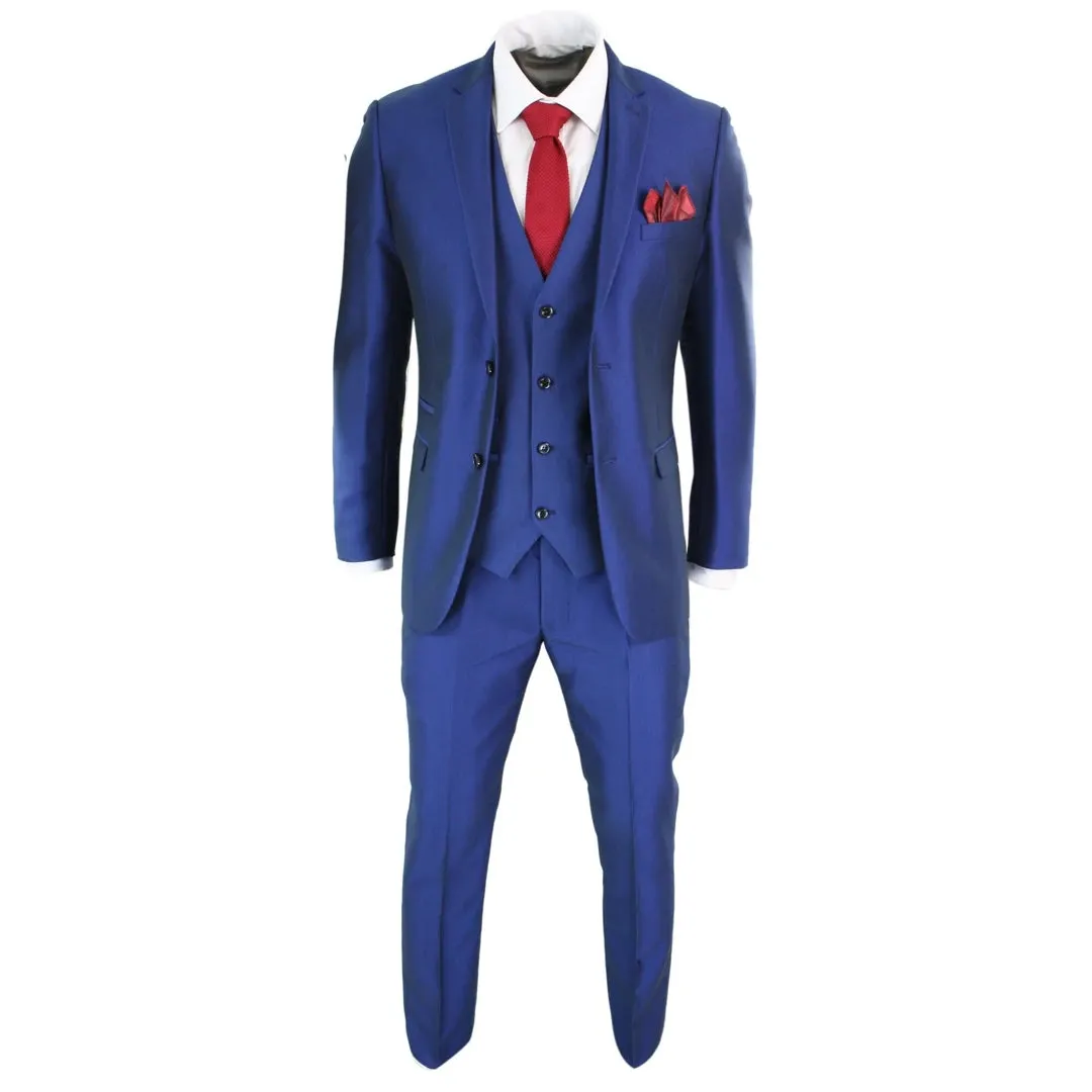 Kingsley - Men's 3 Piece Shiny Blue Wedding Prom Party Suit Formal