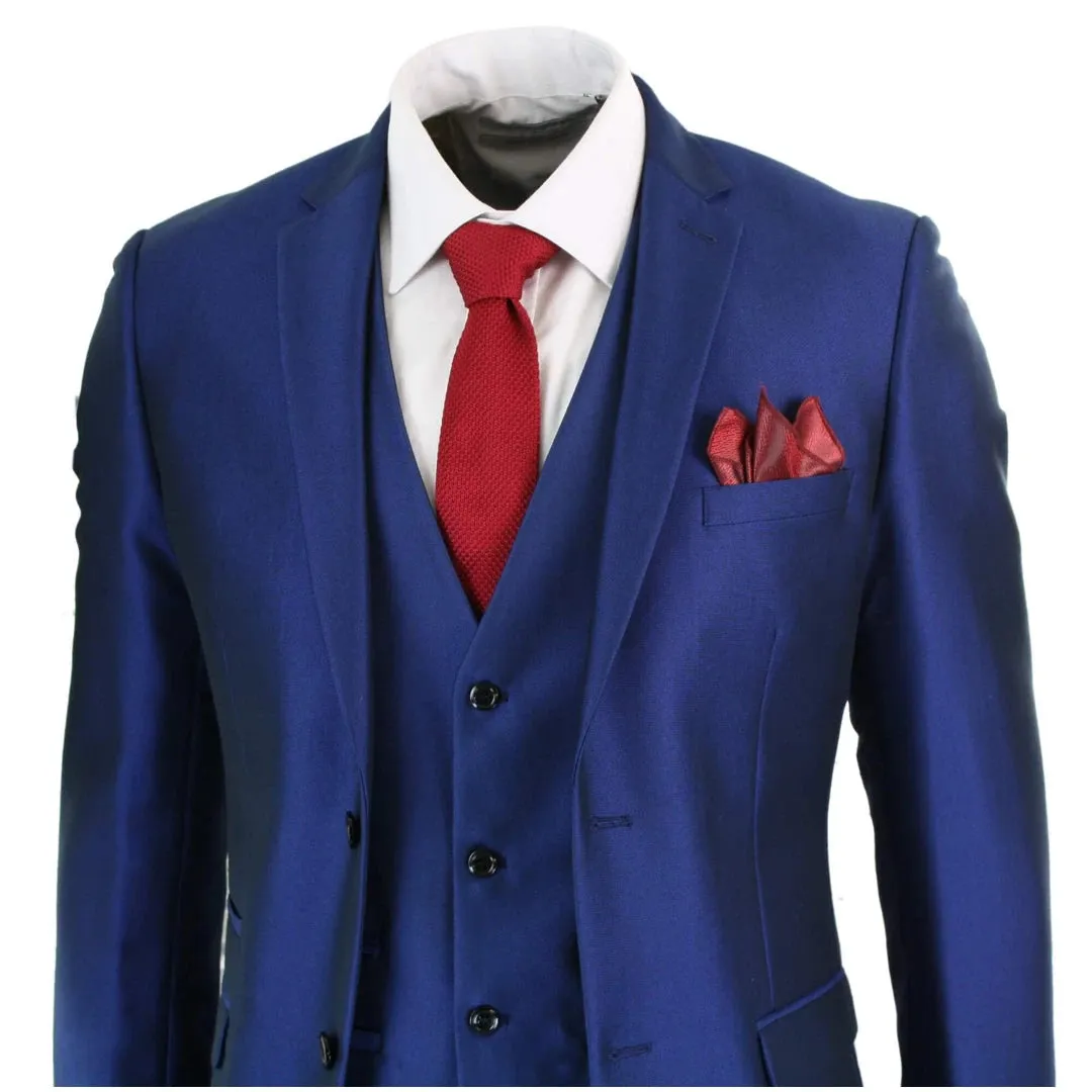 Kingsley - Men's 3 Piece Shiny Blue Wedding Prom Party Suit Formal