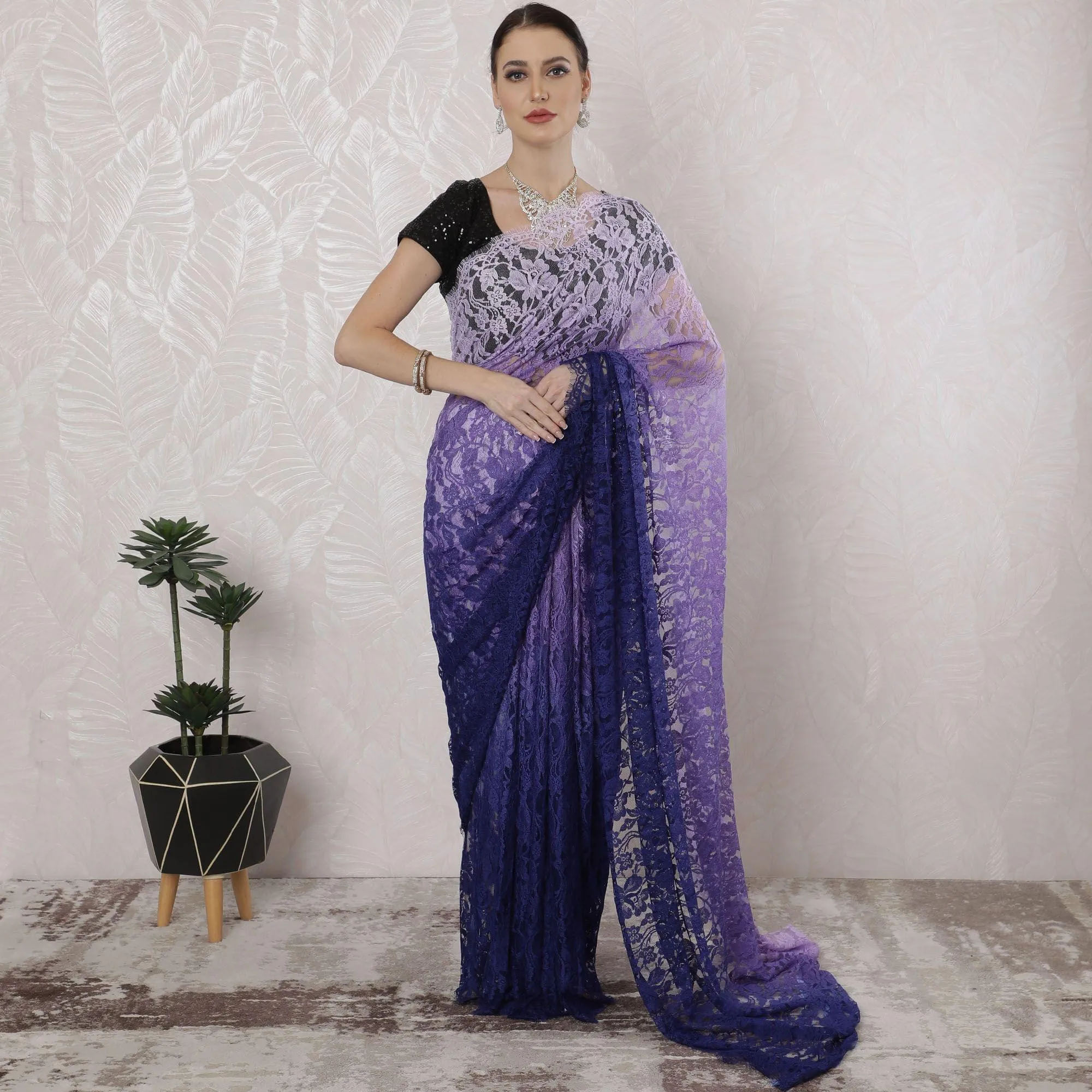 Light Lilac to royal blue Premium pure French chantilly lace saree in Ombre design-D16400