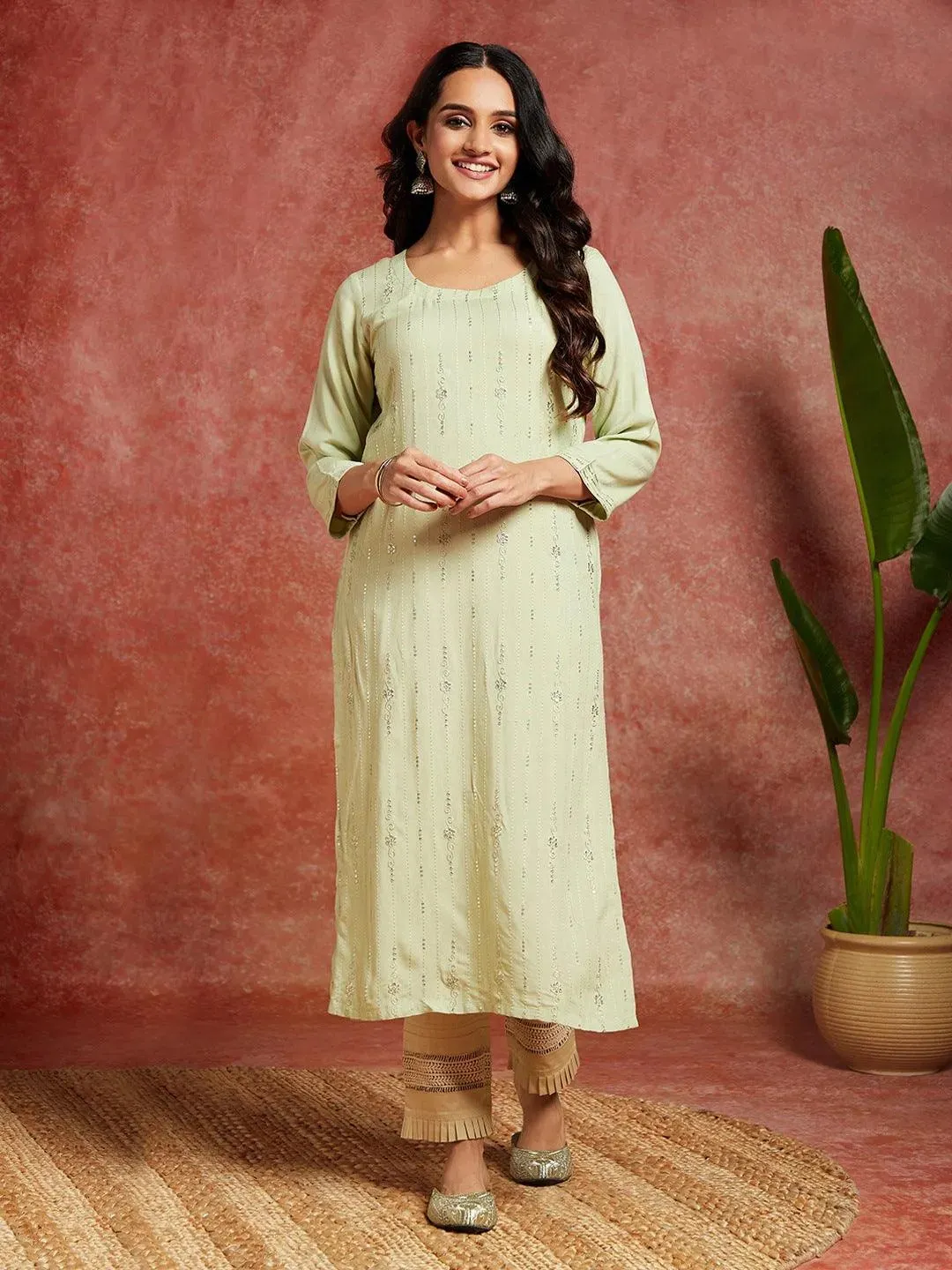 Pista Green Embroidered Rayon Straight Kurta