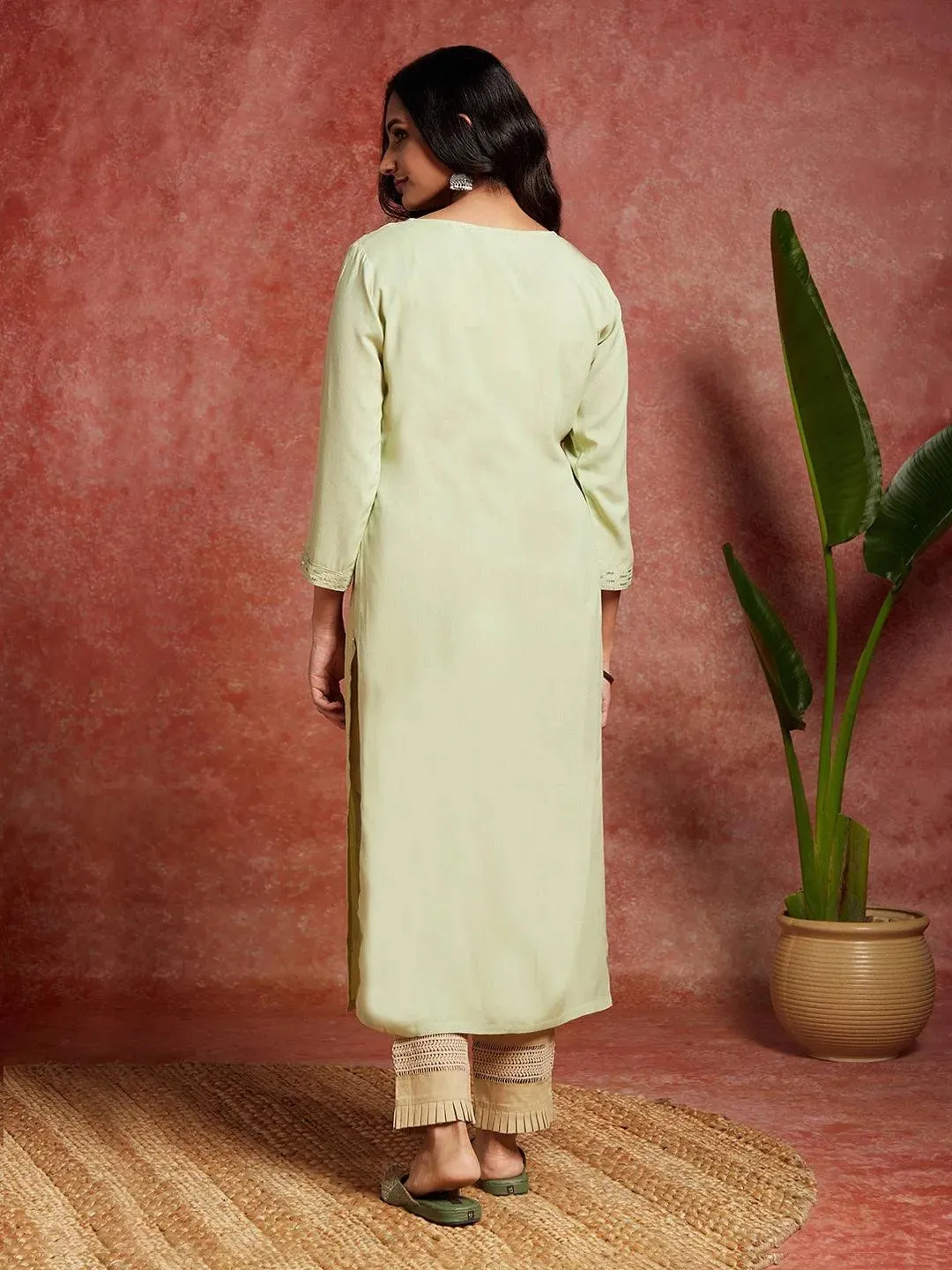 Pista Green Embroidered Rayon Straight Kurta