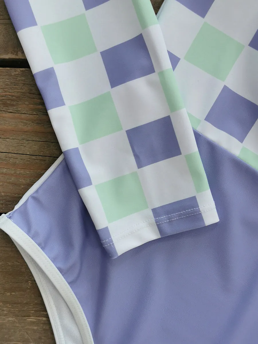 Plaid print long sleeve sun protection one-piece surf suit