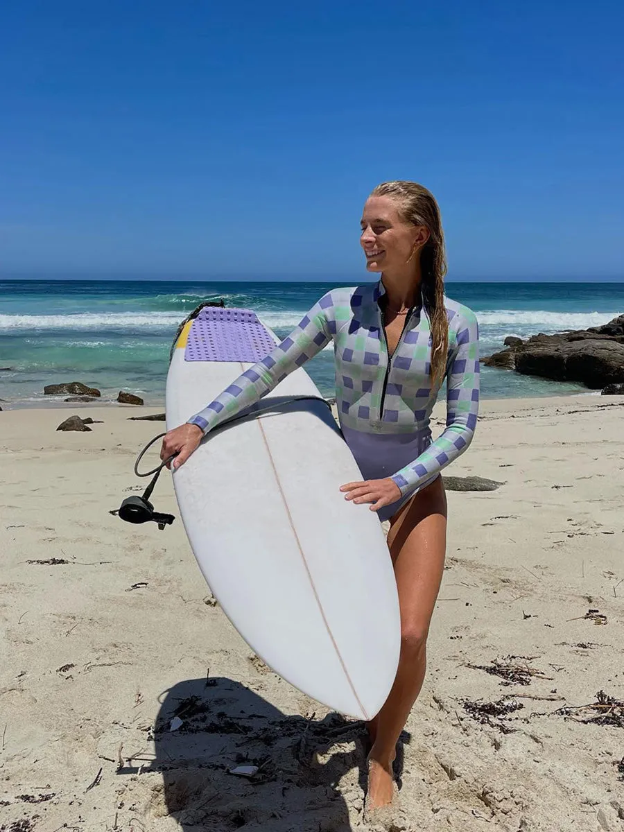 Plaid print long sleeve sun protection one-piece surf suit